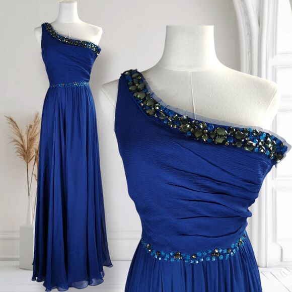 BCBGMaxazria Silk Chiffon Formal Dress Size 00  Blue Beaded One Shoulder - Picture 1 of 16